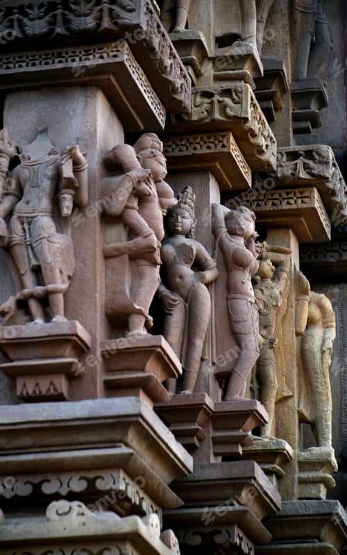 Preview: Stone carving sculptures on Khajuraho Temple, a UNESCO world Heritage site, India.