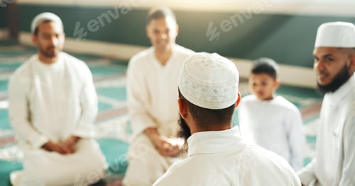 Preview: Islam, discussion and group of men in mosque with child, mindfulness and faith gratitude. Worship,