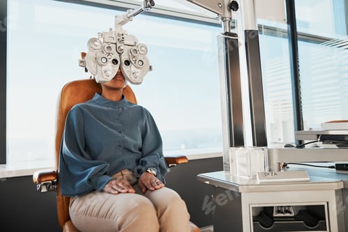 Preview: Ophthalmologist phoropter, patient consulting or eye exam for vision, healthcare or wellness. Black