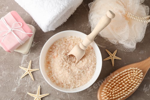 Preview: Body care accessories and starfishes on grey background, top view