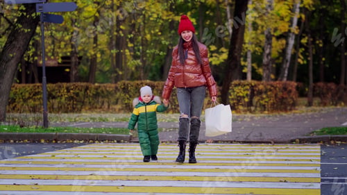 Preview: Mother and little child crossing the street on the crosswalk. Traffic regulations.