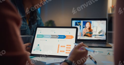 Preview: Asia businesswomen using laptop talk to colleagues about plan in video call meeting.