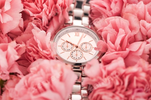 Preview: elegant wristwatch lying on blooming pink carnations
