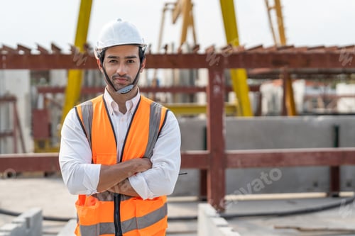Preview: Male civil engineer wearing safety vest with white helmet standing arms crossed at construction site
