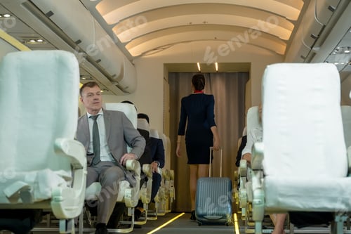 Preview: Air hostess dragging luggage in cabin airplane.