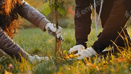 Preview: Unrecognizable group people activists plant trees in autumn park fertilize ground working improve