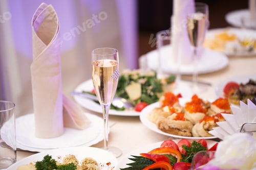 Preview: Served wedding banquet table with dishes in the restaurant