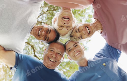 Preview: Happy people, face or below with circle for unity, teamwork or social gathering in nature. Low angl