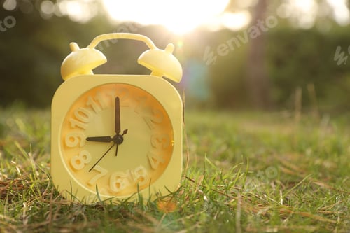 Preview: Yellow alarm clock on green grass outdoors. Space for text