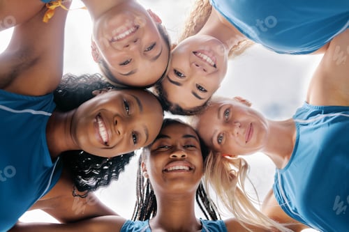 Preview: Portrait, women team and huddle together for sports game, motivation and smile for success. Diversi