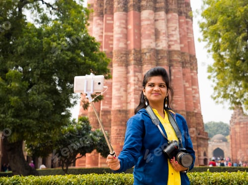 Preview: Tourist woman taking selfie in front of Qutub Minar, Delhi, India.