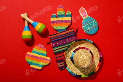 Preview: Mexican maracas, cactus and sombrero on color background