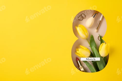 Preview: Yellow tulips and cosmetics displayed on a yellow background symbolizing beauty and celebration