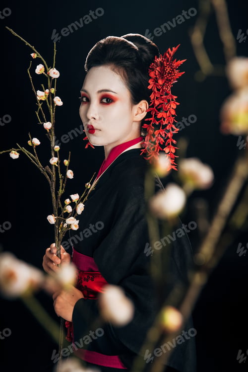 Preview: selective focus of beautiful geisha in black kimono with red flowers in hair and sakura branches