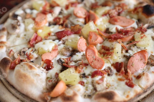 Preview: Pizza Sausage Bacon And Pineapple On Wooden , Pizza Hawaiian