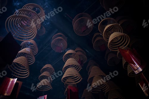 Preview: traditional burning incense coils inside chinese a-ma temple in macau