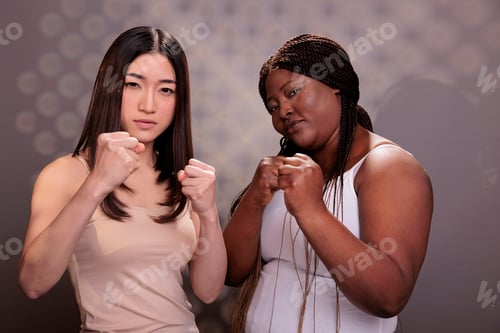 Preview: African american and asian women standing in fighter pose