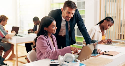 Preview: Mentor, laptop and help with business people in office for internship program, training and learnin