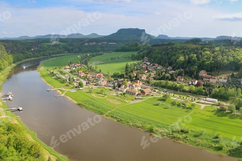 Preview: Aerial view of Rathen village on banks of the river Elbe on a sunny day in Saxony, Germany