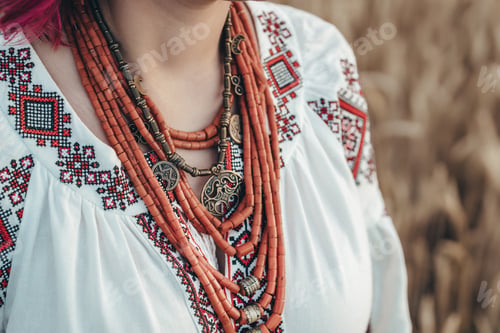 Preview: Woman Wearing Traditional Antique Jewelry Necklace. National Costume Of Ukraine