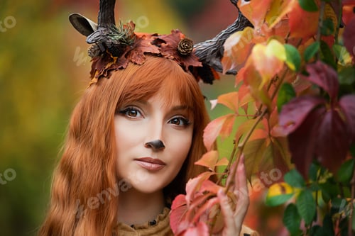 Preview: fairy woman with deer horns in autumn forest. Face painting