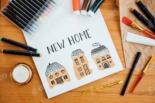 Preview: Dreaming about new house. Drawing of several houses text new home on table with paints, brushes and