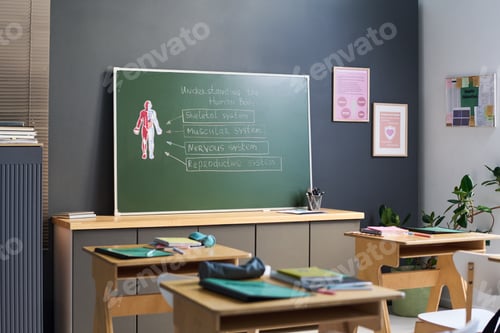 Preview: Empty Classroom Featuring Chalkboard Displaying Human Body Systems Diagram