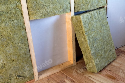 Preview: Wooden frame for future walls with drywall plates insulated with rock wool