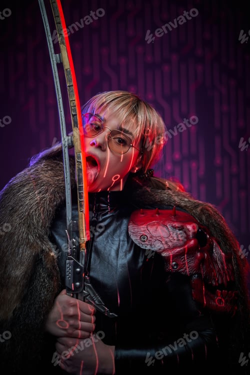 Preview: Cyberpunk girl with fur and glowing sword