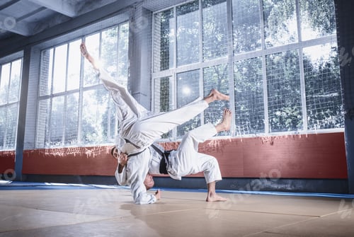 Preview: Two judo fighters showing technical skill while practicing martial arts in a fight club