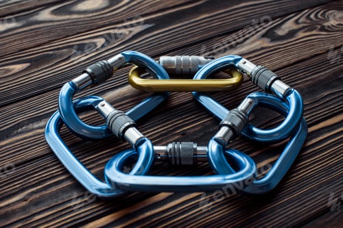 Preview: Isolated photo of climbing equipment. Parts of carabiners lying on the wooden table