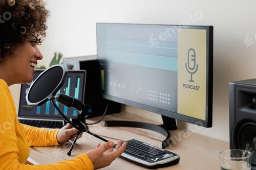 Preview: Latin woman recording podcast with microphone and computer inside home studio - Podcaster business