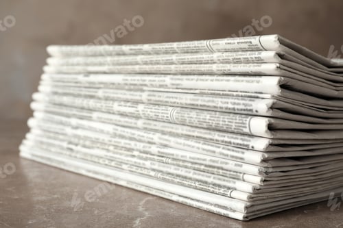 Preview: Stack of newspapers on marble table, closeup. Journalist's work