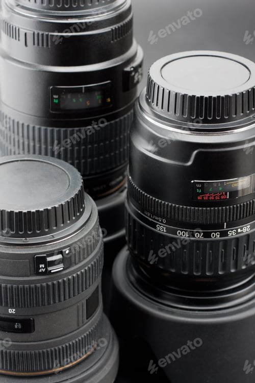 Preview: Close-Up Of Three Different Professional Camera Lenses