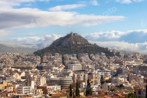Preview: Residential Homes in a Historic City with Cityscape and Mountains. Areopagus Hill, Athens, Greece