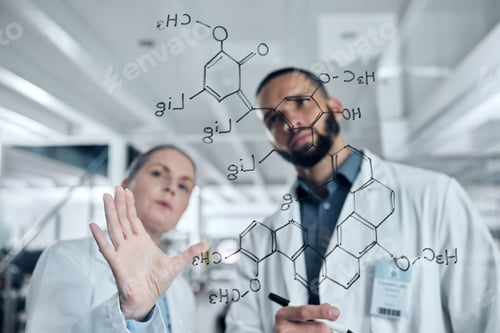 Preview: Scientist team writing glass formula, planning particles and math innovation ideas in research labo
