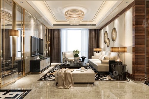 Preview: 3d rendering wood classic living room and dining room with shelf