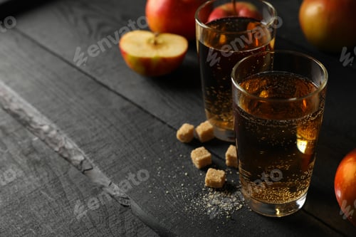 Preview: Composition with cider, sugar and apples on wooden background