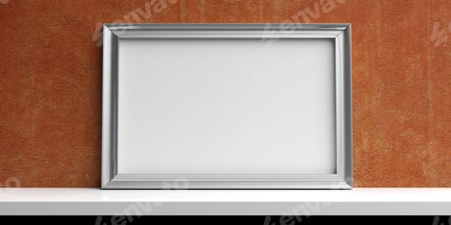Preview: Silver frame on a white shelf - stucco wall background. 3d illustration
