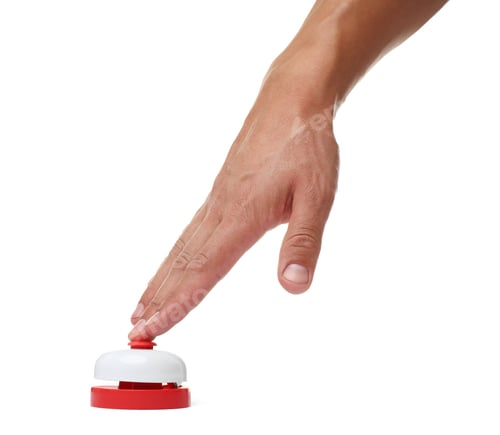 Preview: Man pressing button on white background, closeup