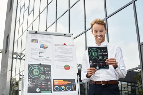 Preview: A redhead businessman in a white shirt collaborates on a project in a modern office setting