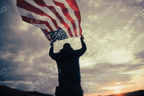 Preview: Man holding a waving american USA flag.