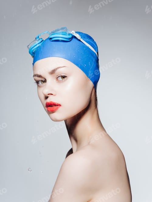 Preview: woman with bare shoulders swimming cap athlete workout sport