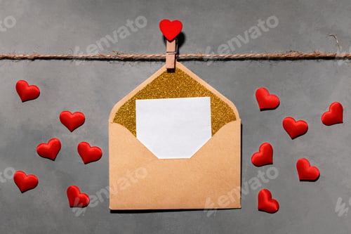 Preview: clothespins with red hearts on a rope on a gray background. Background for a postcard