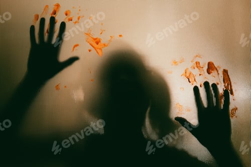 Preview: Shadowy figure, child with blooded hands behind glass - horror background