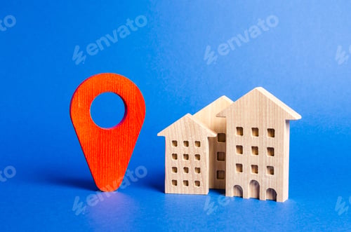 Preview: Houses and red navigation pointer pin