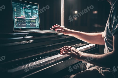 Preview: Musician Composing Music on a Piano with Laptop