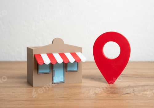 Preview: Shop and red geolocation sign. Advertising and presenting your business on maps