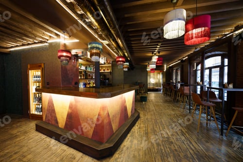 Preview: Interior of cafe with wooden bar counter