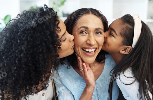 Preview: Portrait, cheek kiss and grandmother with family, daughter and granddaughter at home together. Face